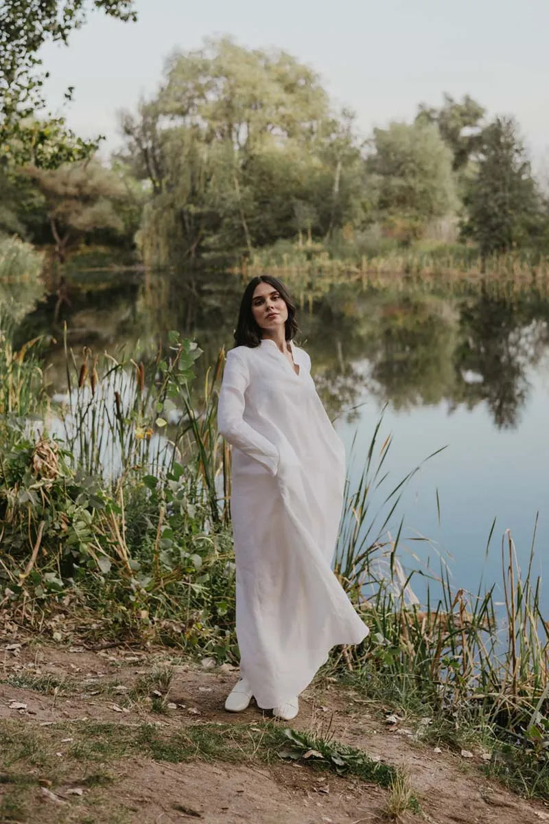 White Linen Kaftan Dress Women - Long Sleeve and V Neckline
