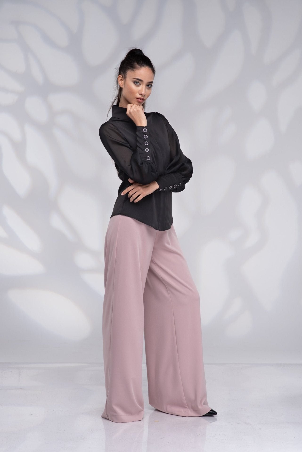 Black Button Up Victorian Long Puff Sleeve Blouse with Collar