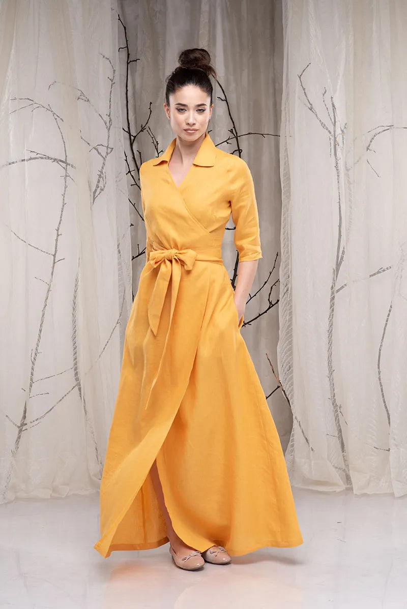 Yellow Linen Maxi Dress with Collar