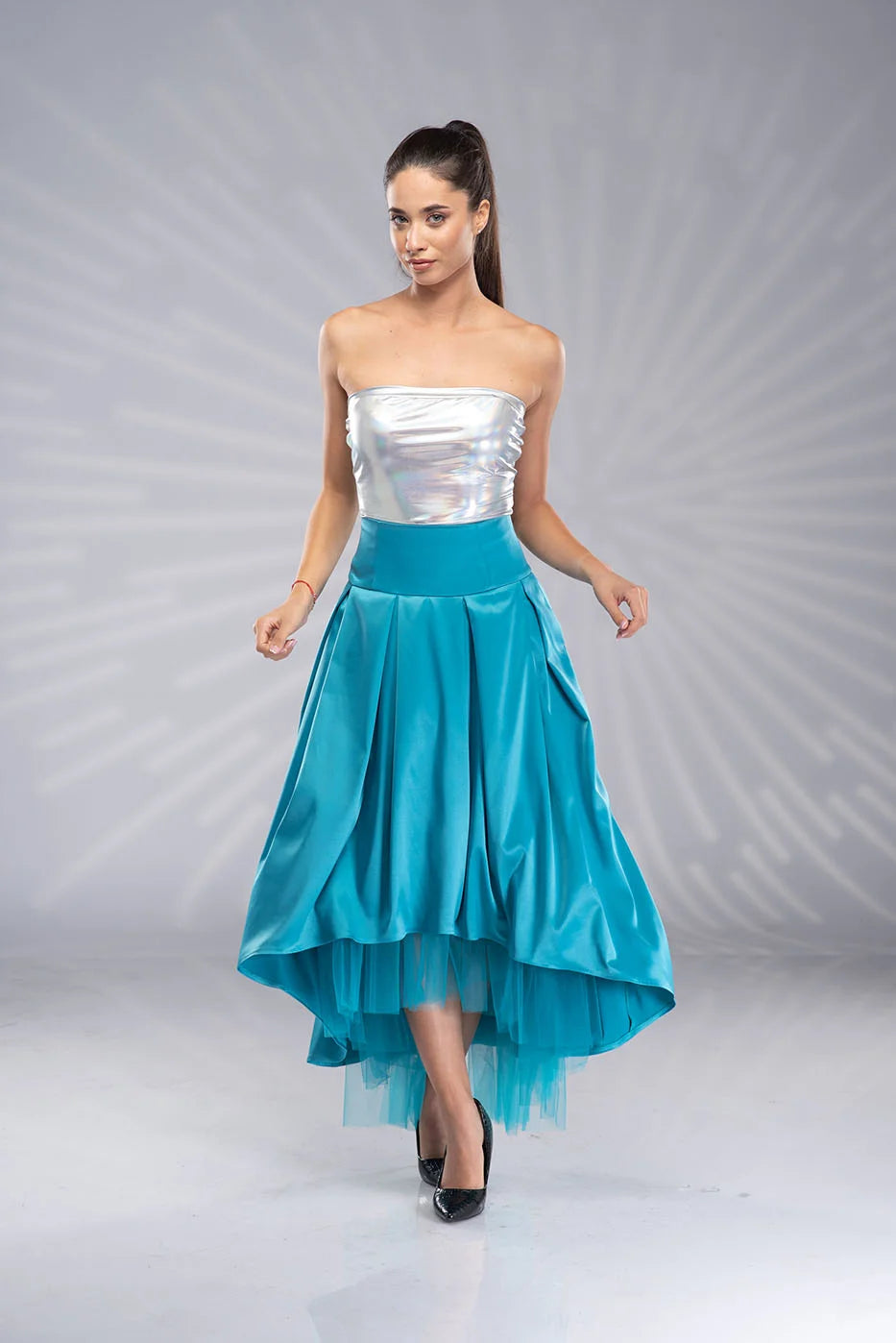 Long Turquoise Satin Skirt - High Low Bridal Tulle Skirt