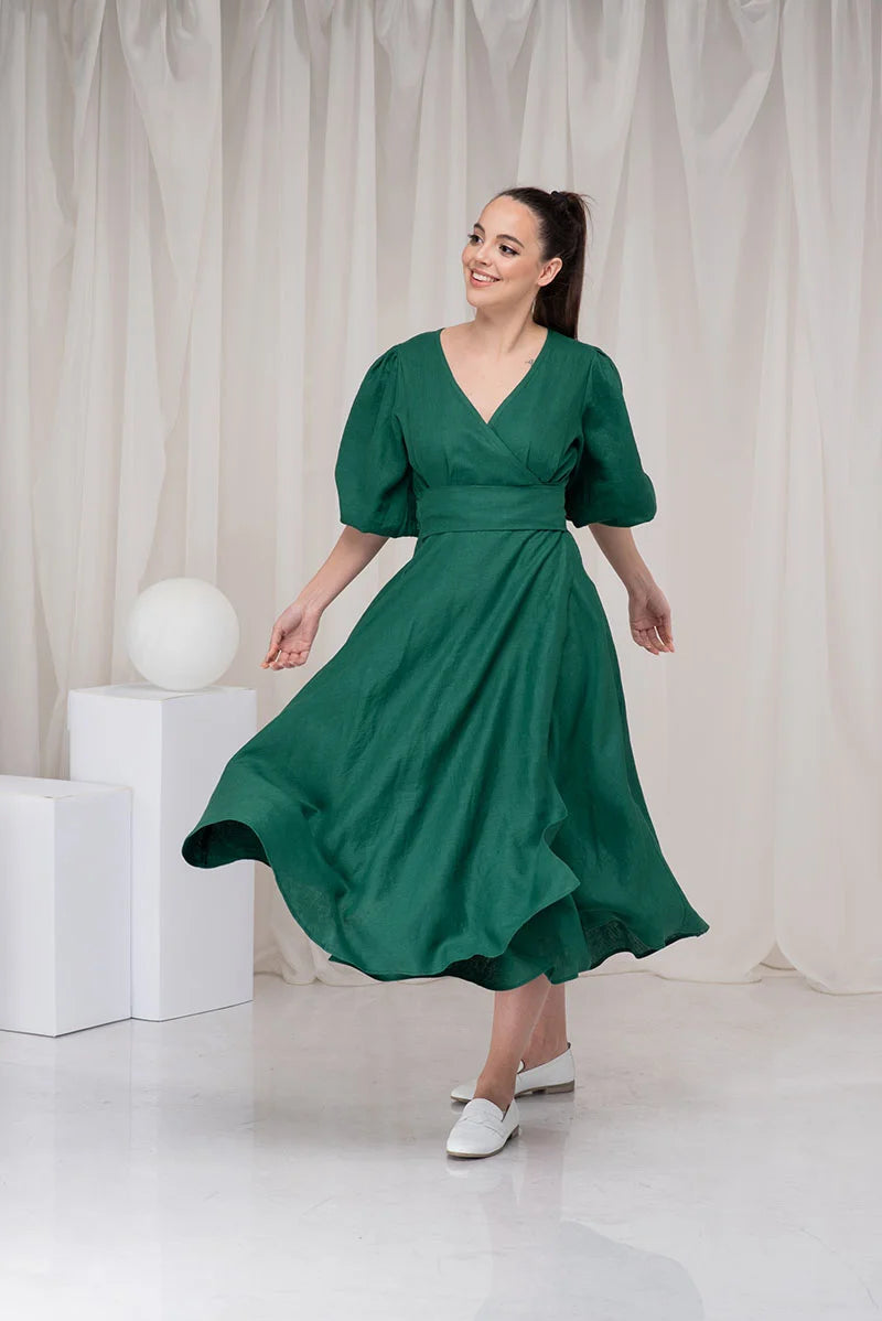 Linen Midi Wrap Dress with Belt and Balloon Sleeve