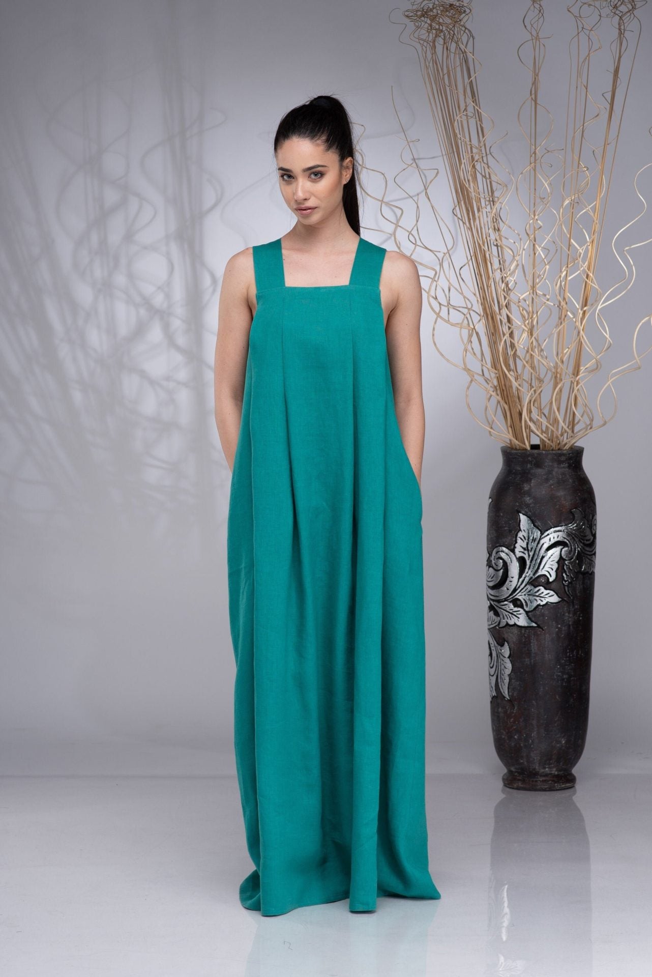 Long Linen Maxi Apron Boho Dress with Squared Neckline