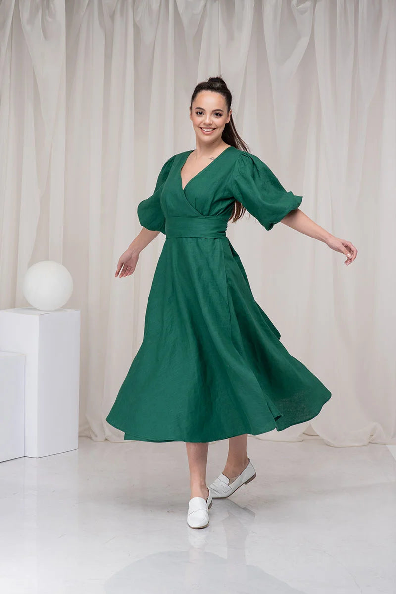 Linen Midi Wrap Dress with Belt and Balloon Sleeve