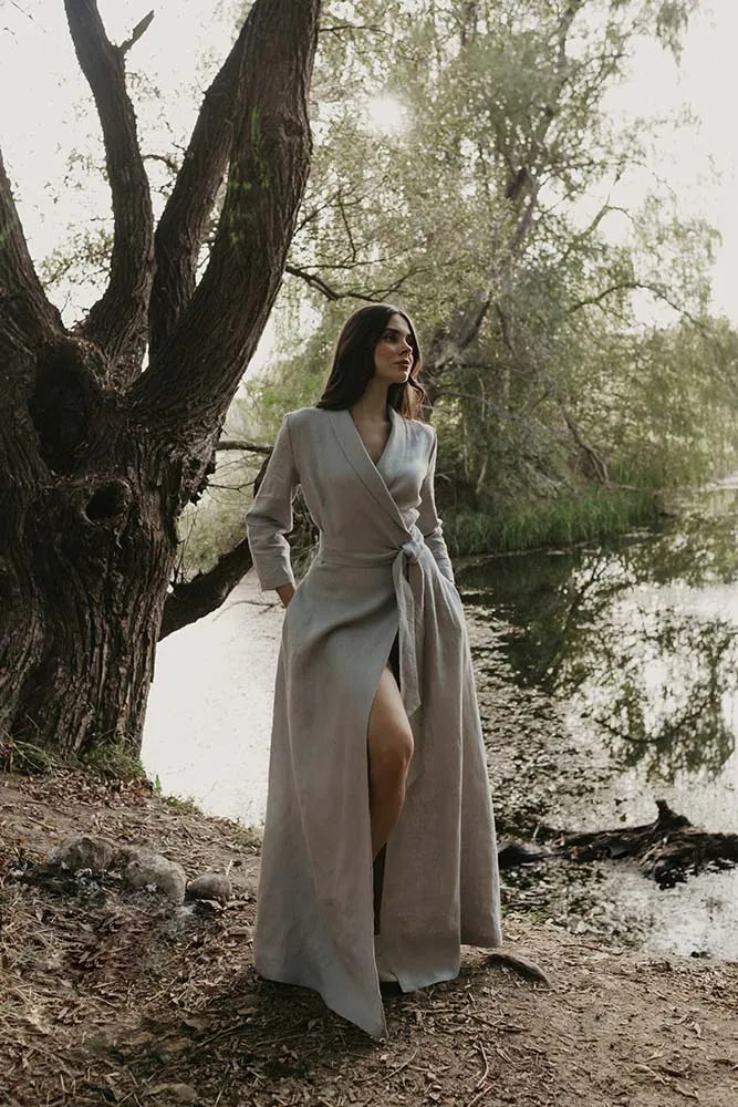 Bridesmaid Light Gray Linen Maxi Dress with Long Shawl Collar and Linen Belt