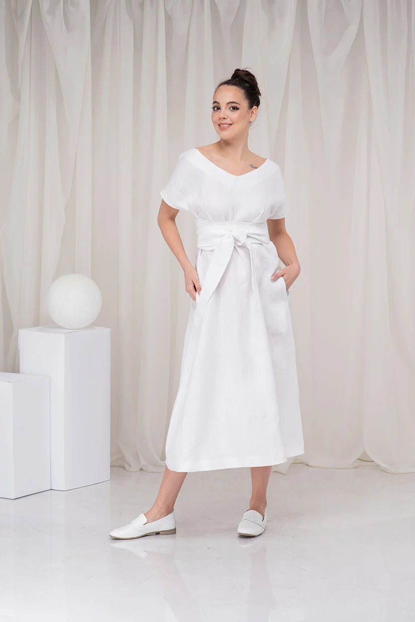 White Linen Midi Summer Wedding Guest Dress with Linen Belt