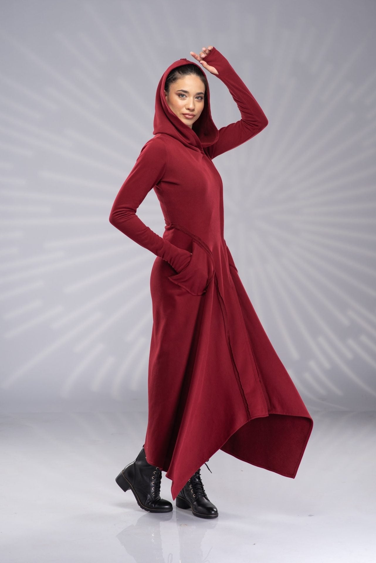 Burgundy Maxi Hoodie Sweatshirt Dress with Pockets