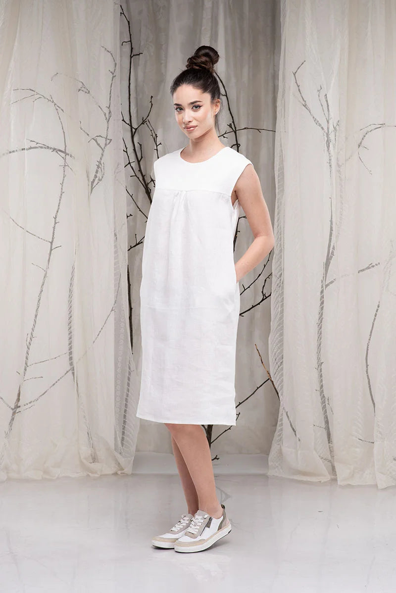 Linen White Knee Length Dress - A-line Midi Dress