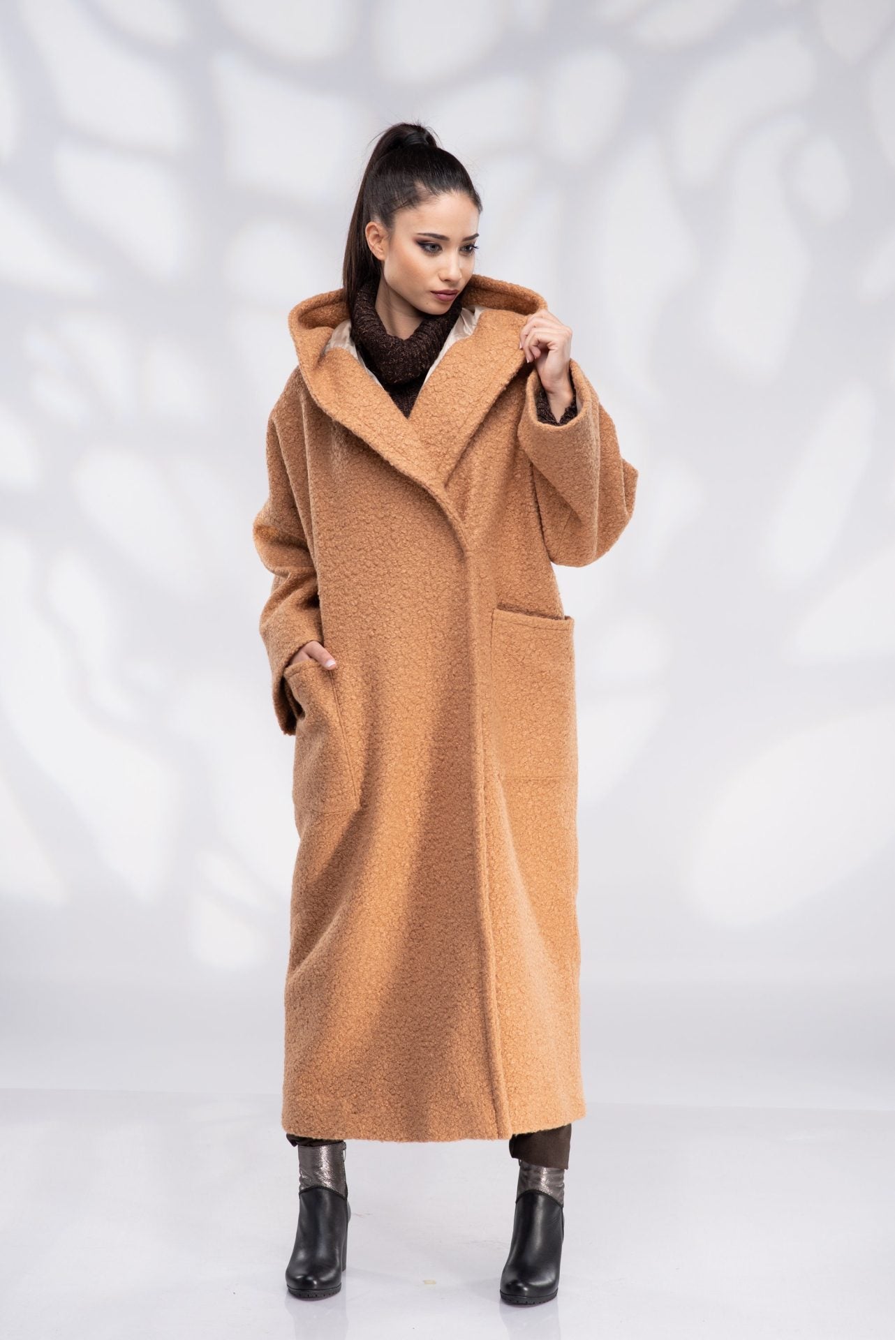 Wool Hooded Camel Plus Size Coat