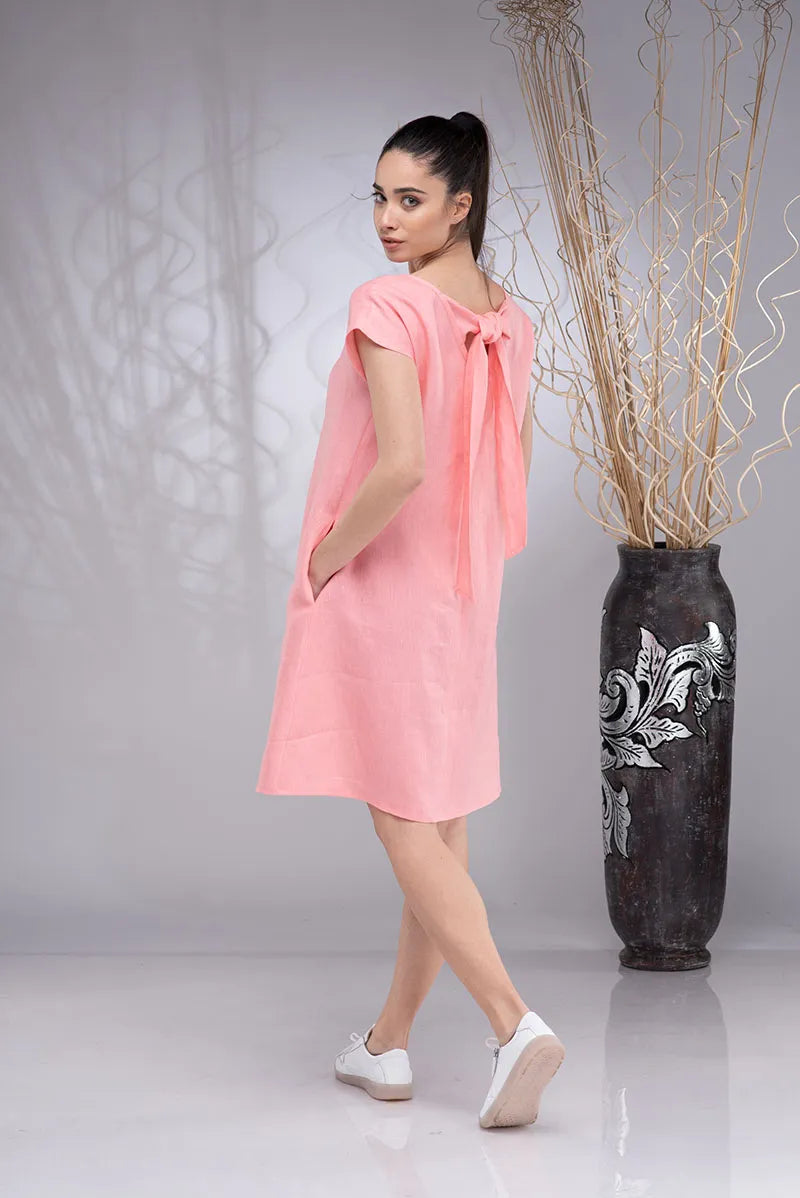 Linen Short Sleeve Knee-Length Boho Summer A-line Dress