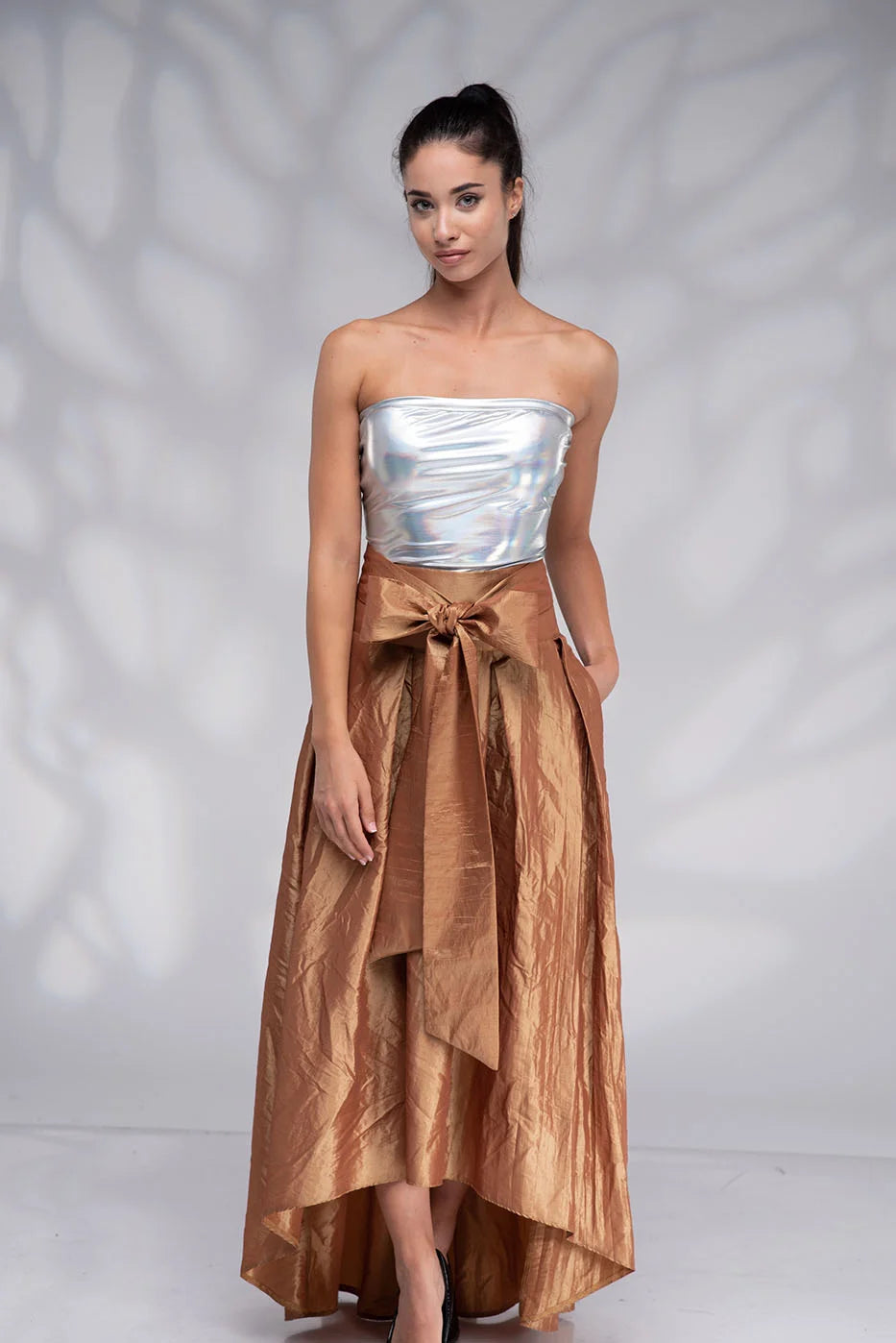 Long Gold Taffeta Skirt with Tie Sash Bow-Danellys-2.webp