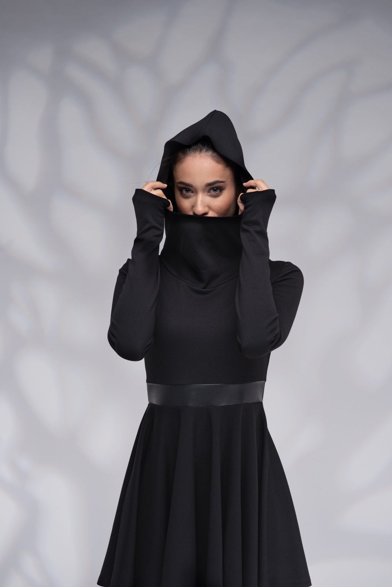 Hooded Winter Elven Mini Dress with Thumb Holes