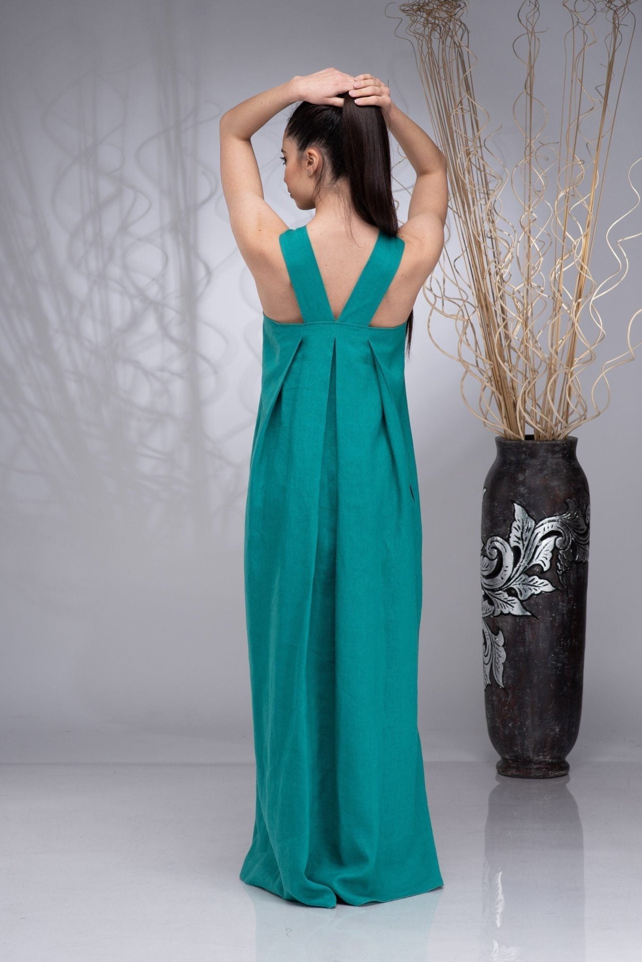 Long Linen Maxi Apron Boho Dress with Squared Neckline