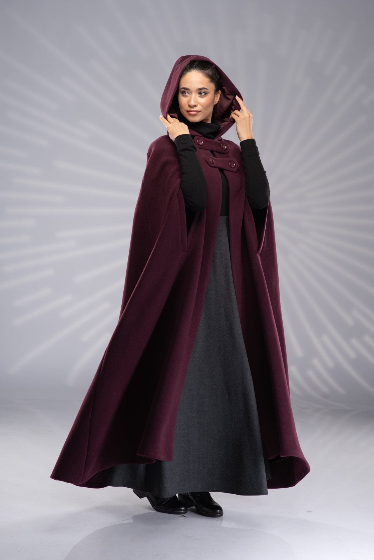 Wool Coat Cloak with Hood Long Maxi Hooded Cloak