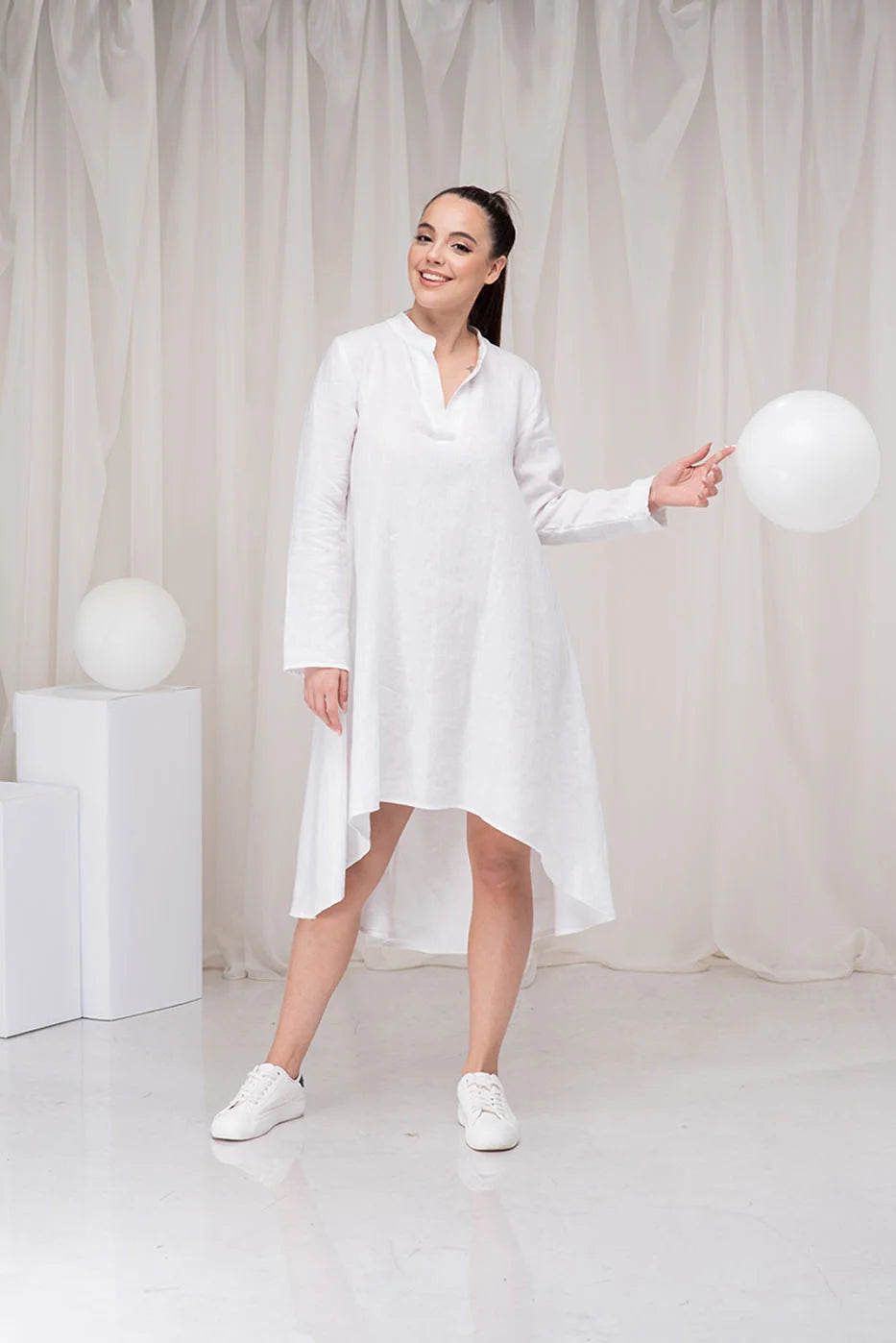 White Loose Flax Linen High Low Dress-Danellys.webp