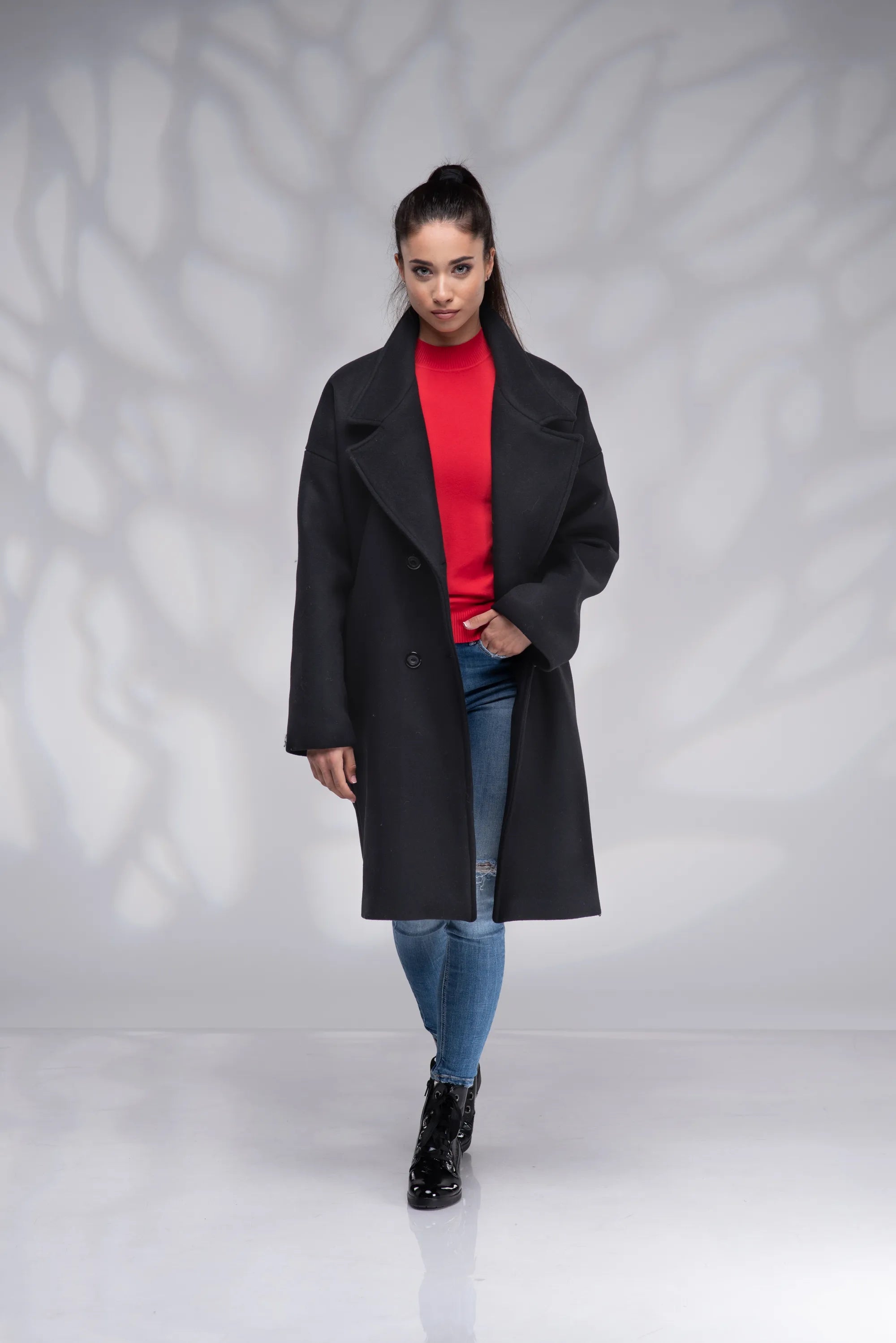 Oversized Wool Black Short Knee Length Winter Coat-Danellys.webp