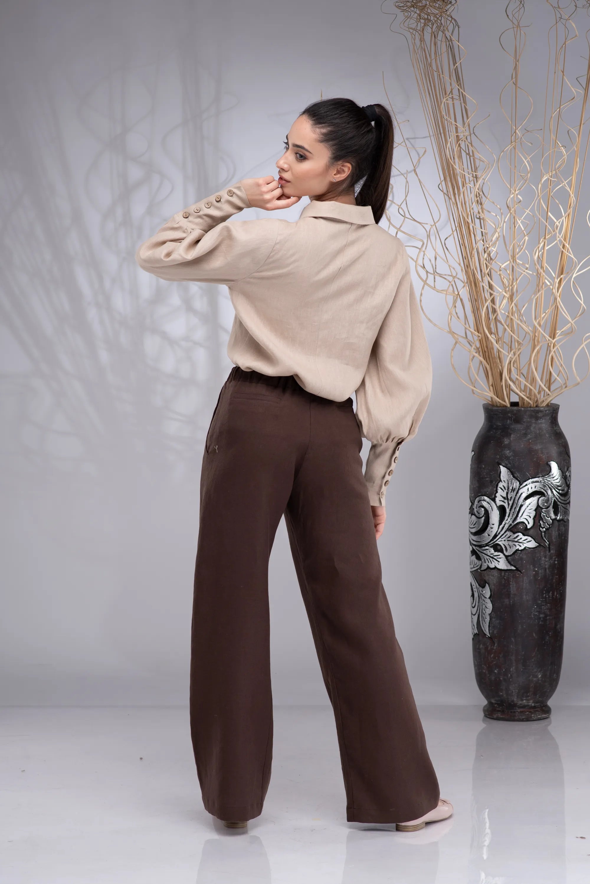 Linen Edwardian Button Up Collared Puff Sleeve Blouse-Danellys-3.webp
