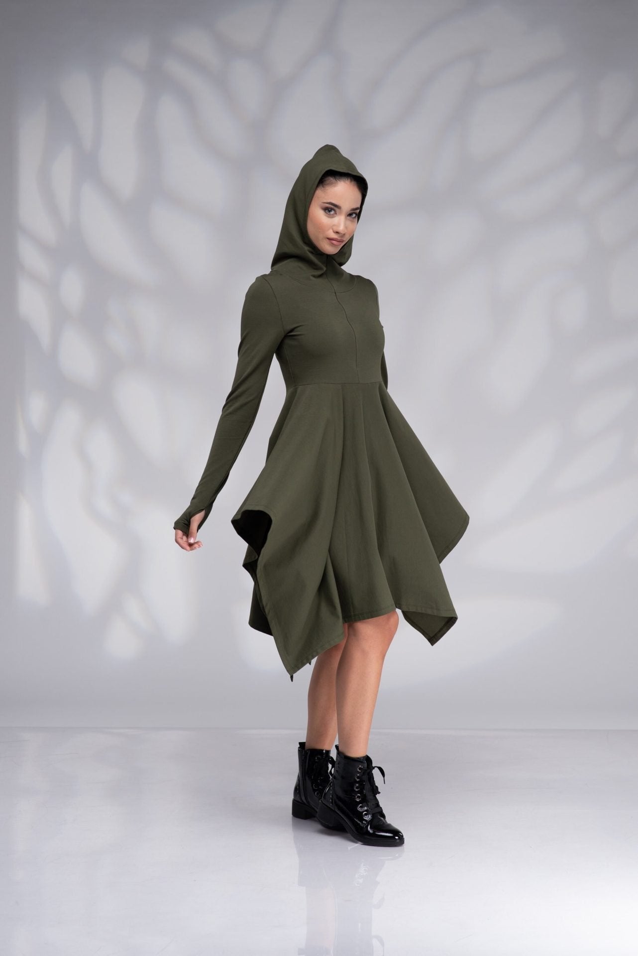 Hooded Winter Asymmetrical Dress with Thumb Holes