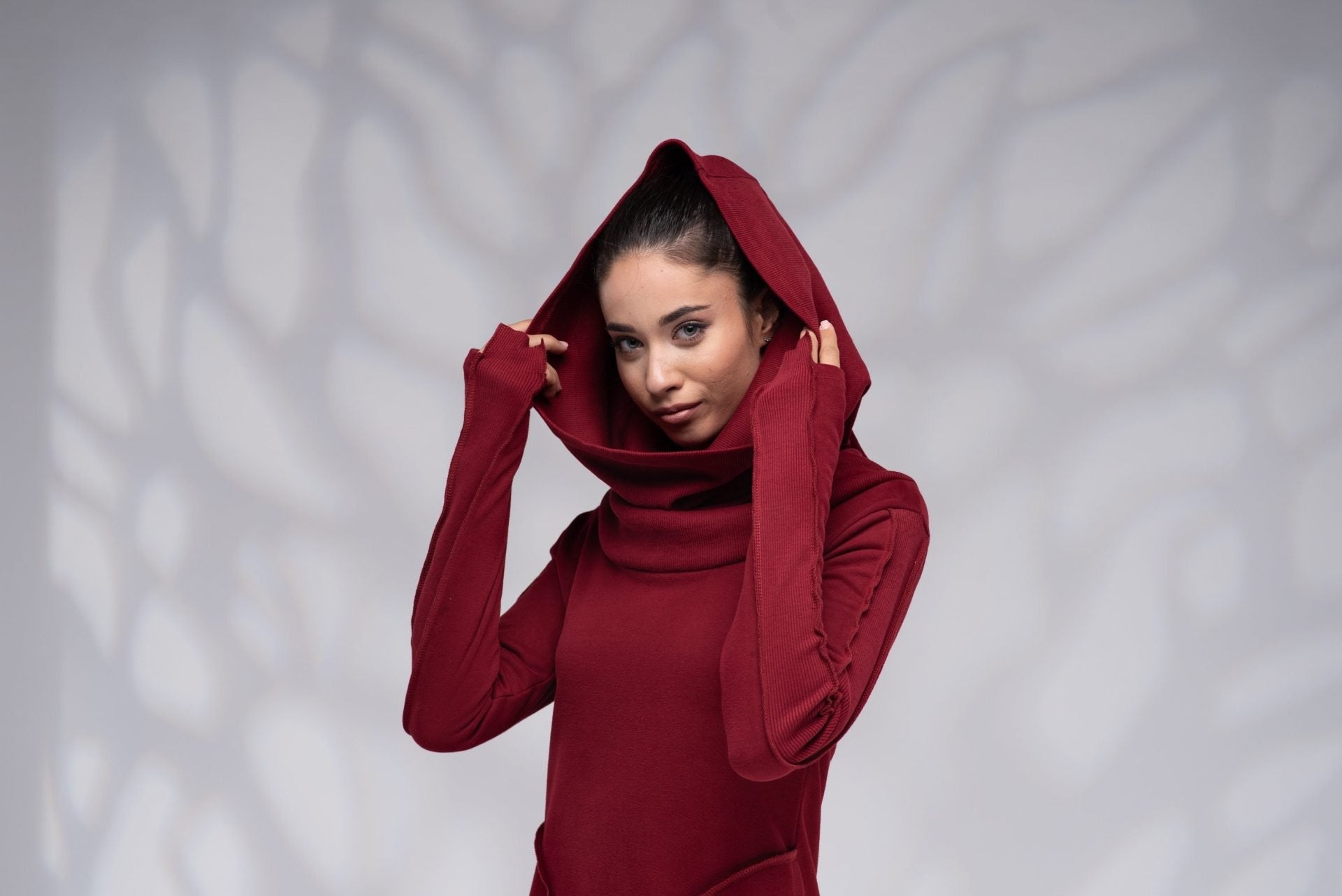 Long Winter Maxi Elven Sweatshirt Dress with Cowl Hood and Thumb Hole Sleeves