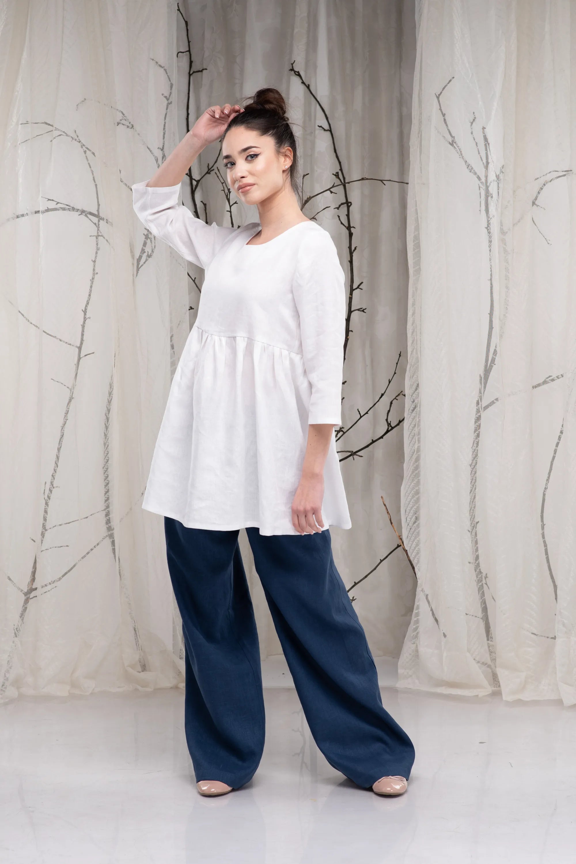 White Ruffle Linen Long Sleeves Tunic Shirt-Danellys-3.webp