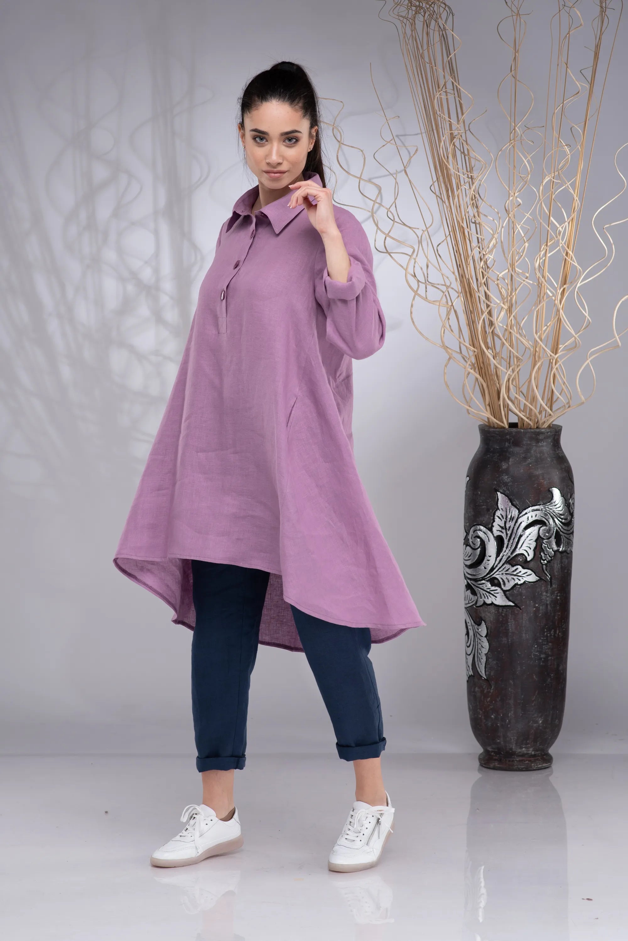 Linen Long Plus Size Button Asymmetrical Tunic Shirt-Danellys-8.webp