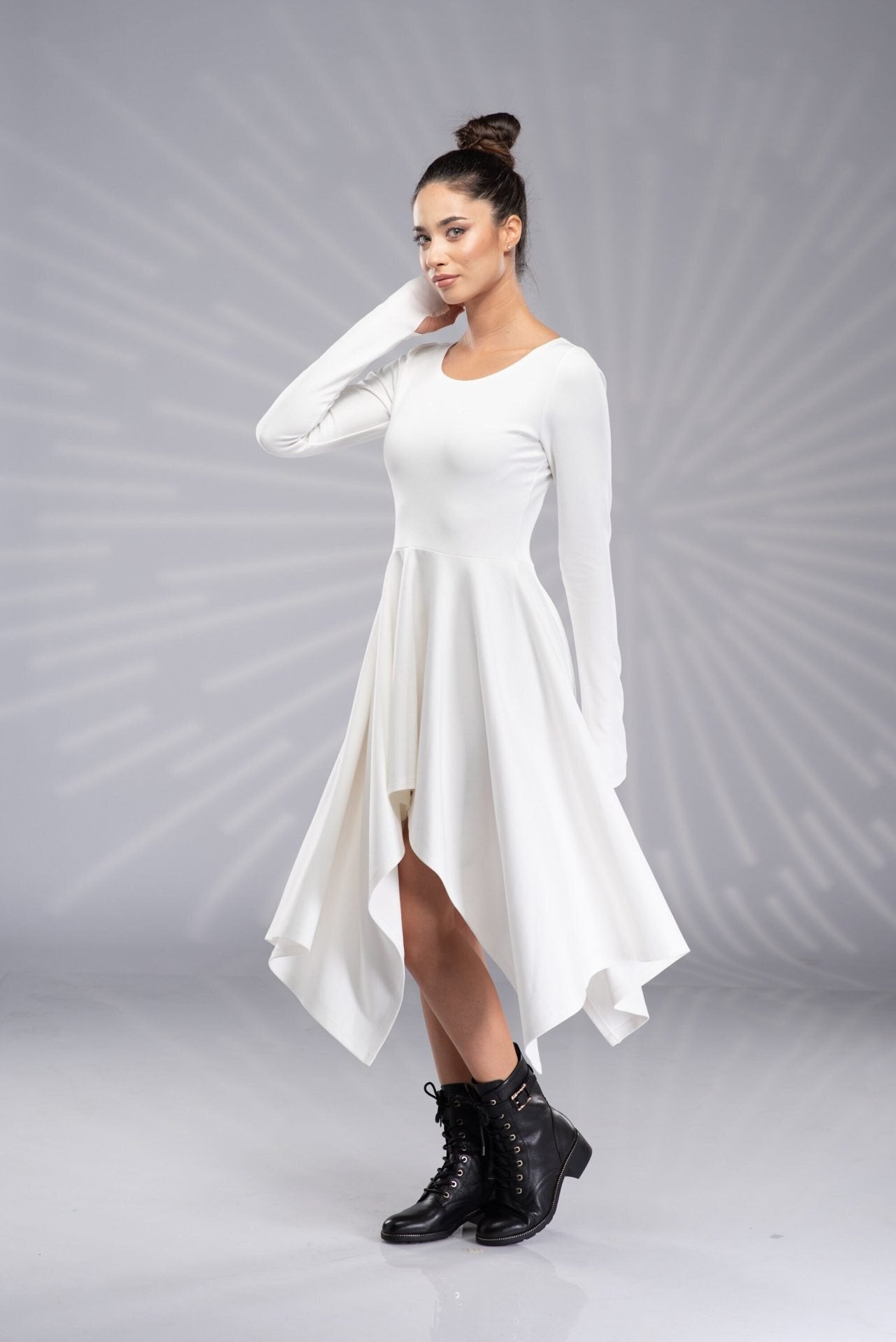 White Asymmetrical Fairy Elven Wedding Sexy Dress with Thumb Holes