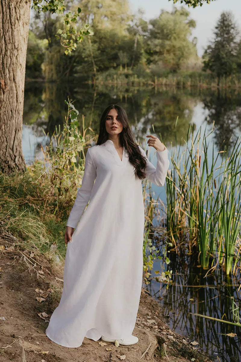 White Linen Kaftan Dress Women - Long Sleeve and V Neckline