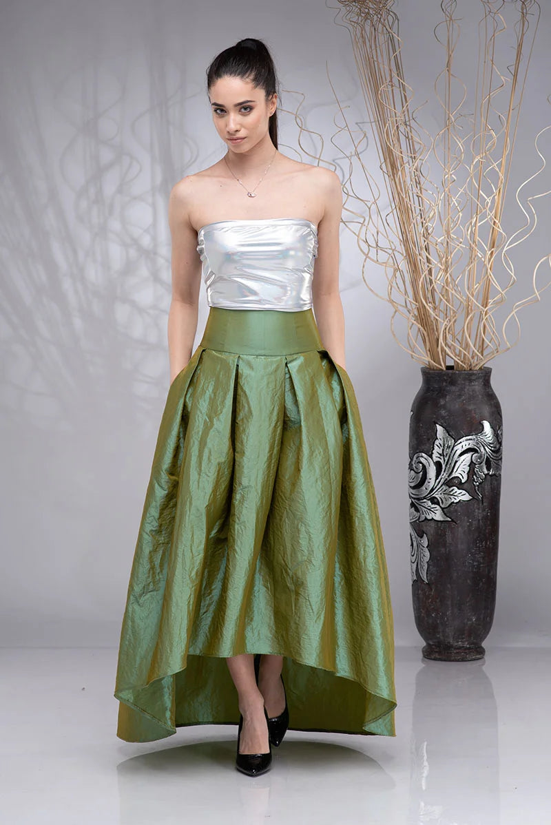 Green High Low Taffeta Skirt - Long Formal High Waist-Danellys.webp