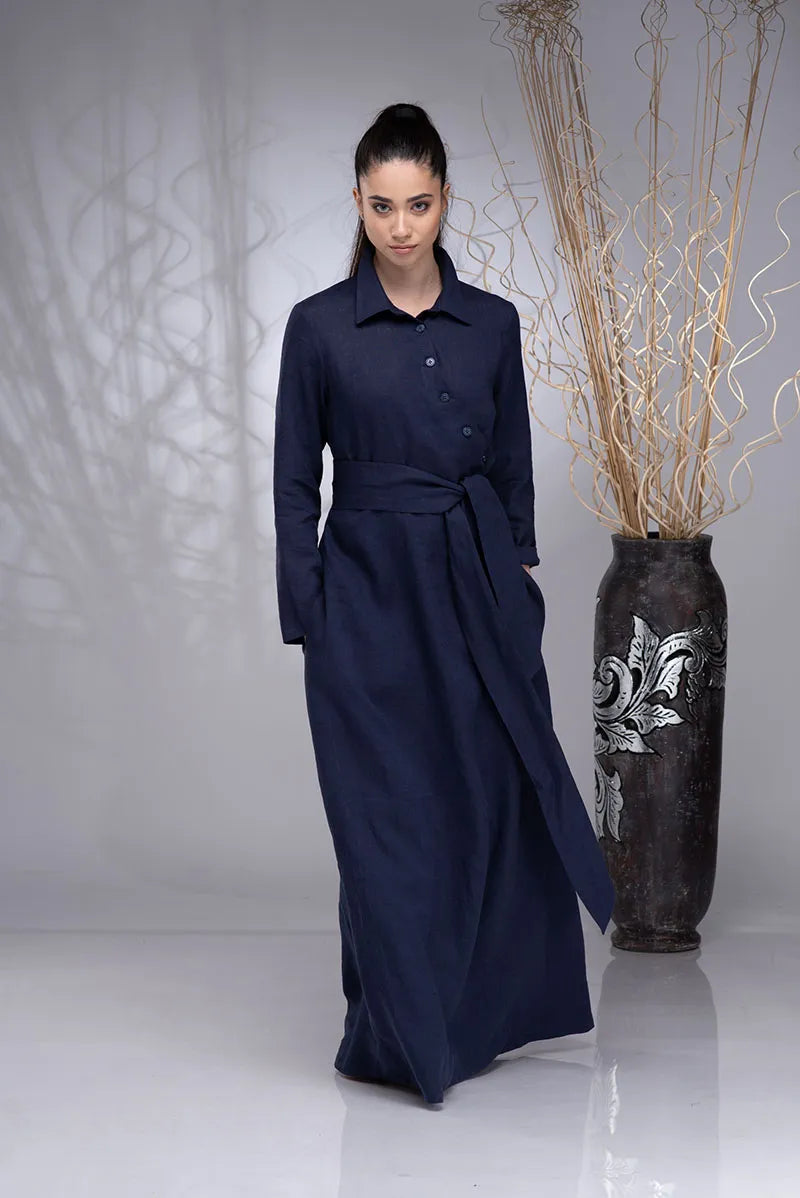 Linen Maxi Wrap Button up Boho Dress with Linen Belt