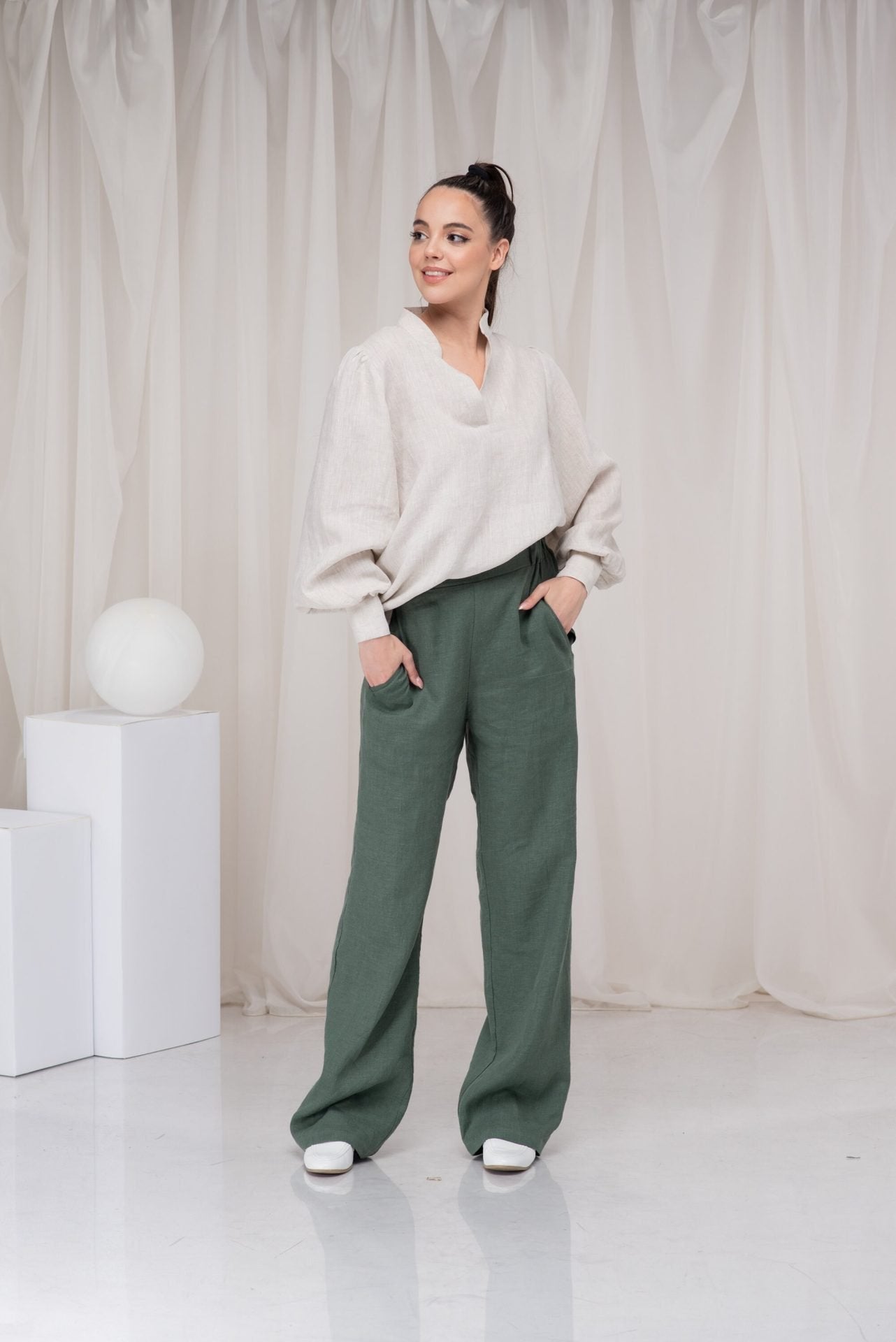 Green Linen Wide Leg Elastic Waist Palazzo Pants with Two Pockets