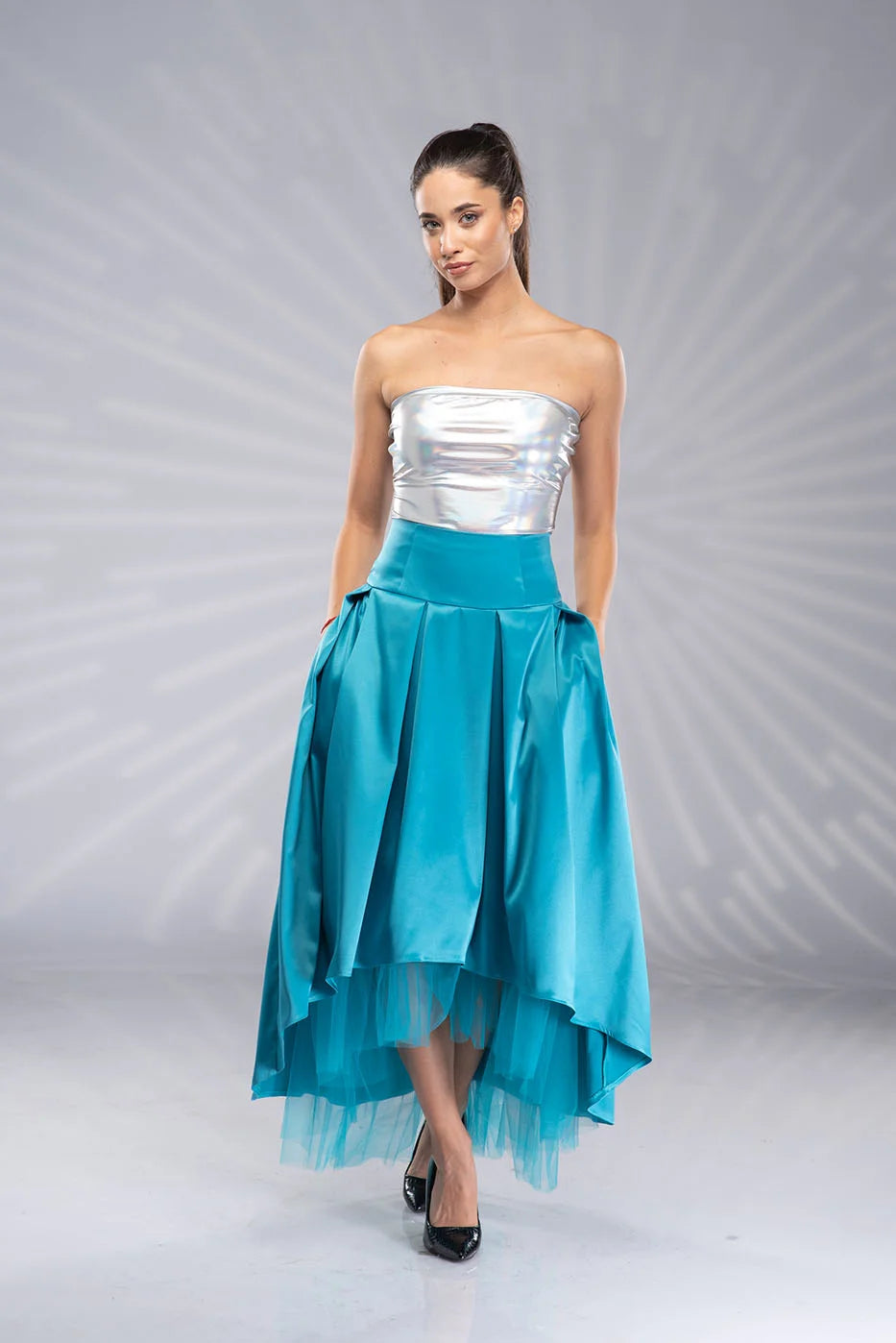 Long Turquoise Satin Skirt - High Low Bridal Tulle Skirt