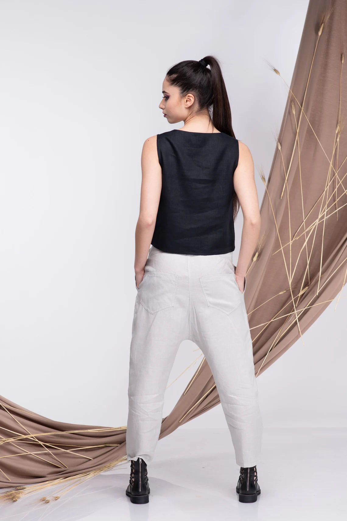 Linen Drop Crotch White Summer Casual Pants-Danellys.webp