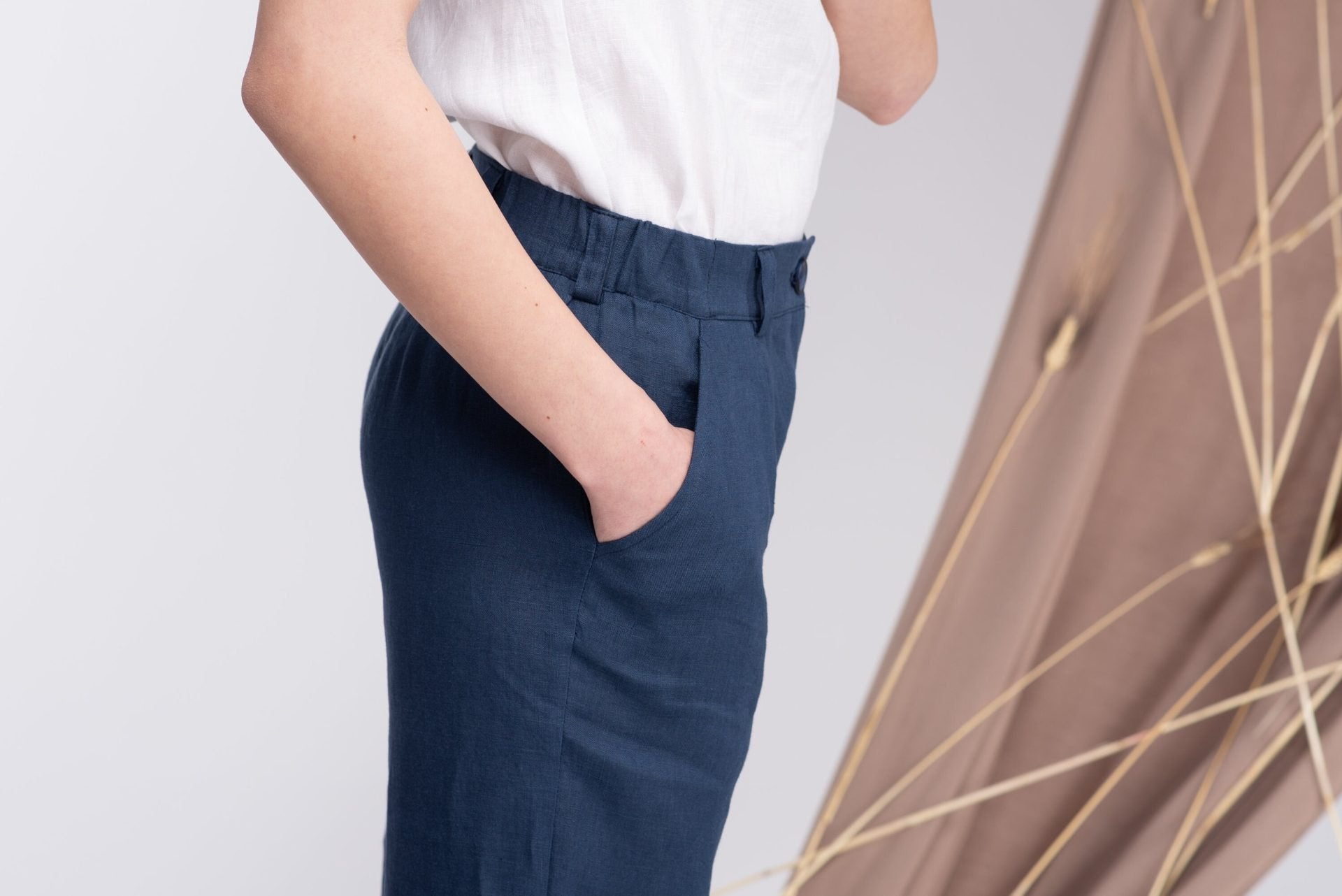 Linen Wide Leg Palazzo Trousers with Elastic Waist