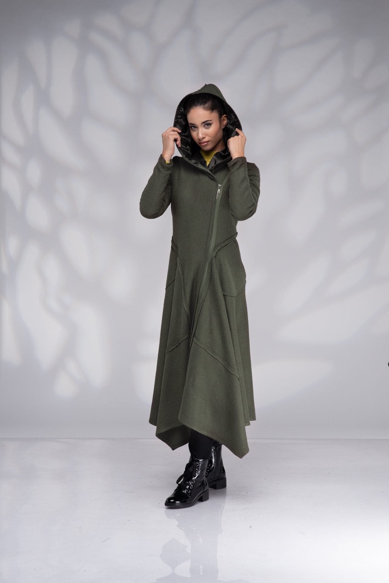 Hooded Boiled Wool Coat with Zip