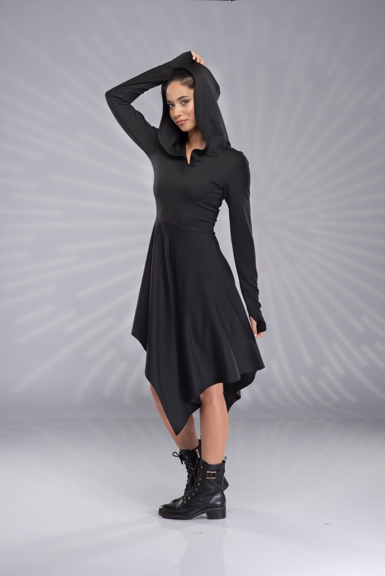 Hooded Elven Sexy Black Winter Pixie Asymmetrical Dress