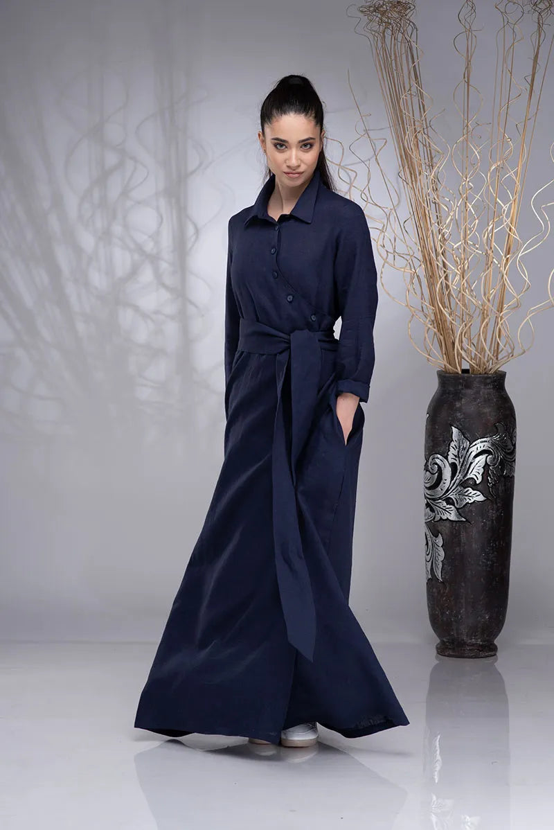 Linen Maxi Wrap Button up Boho Dress with Linen Belt