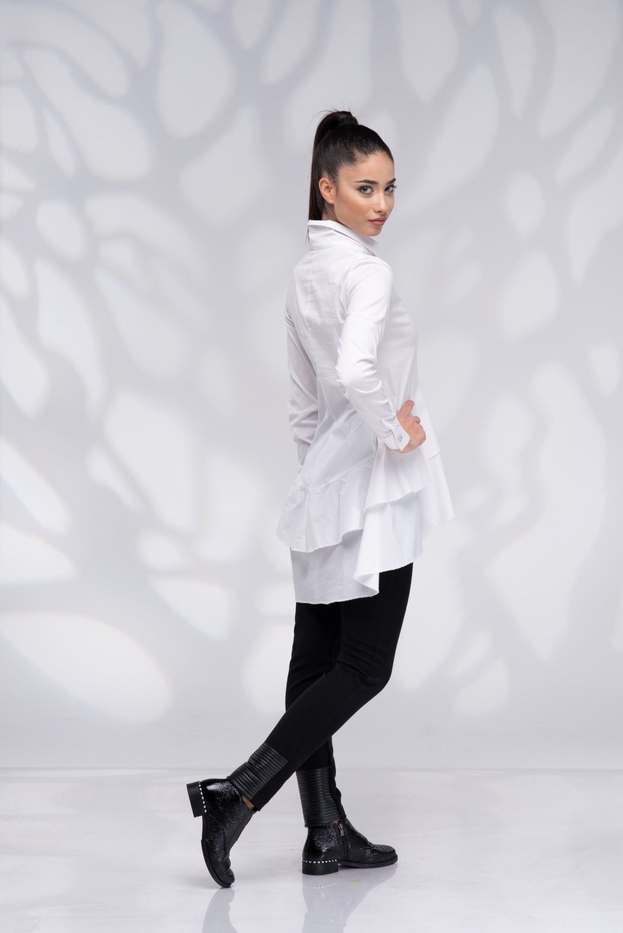 White Designer Long Plus Size Asymmetrical Collared Shirt