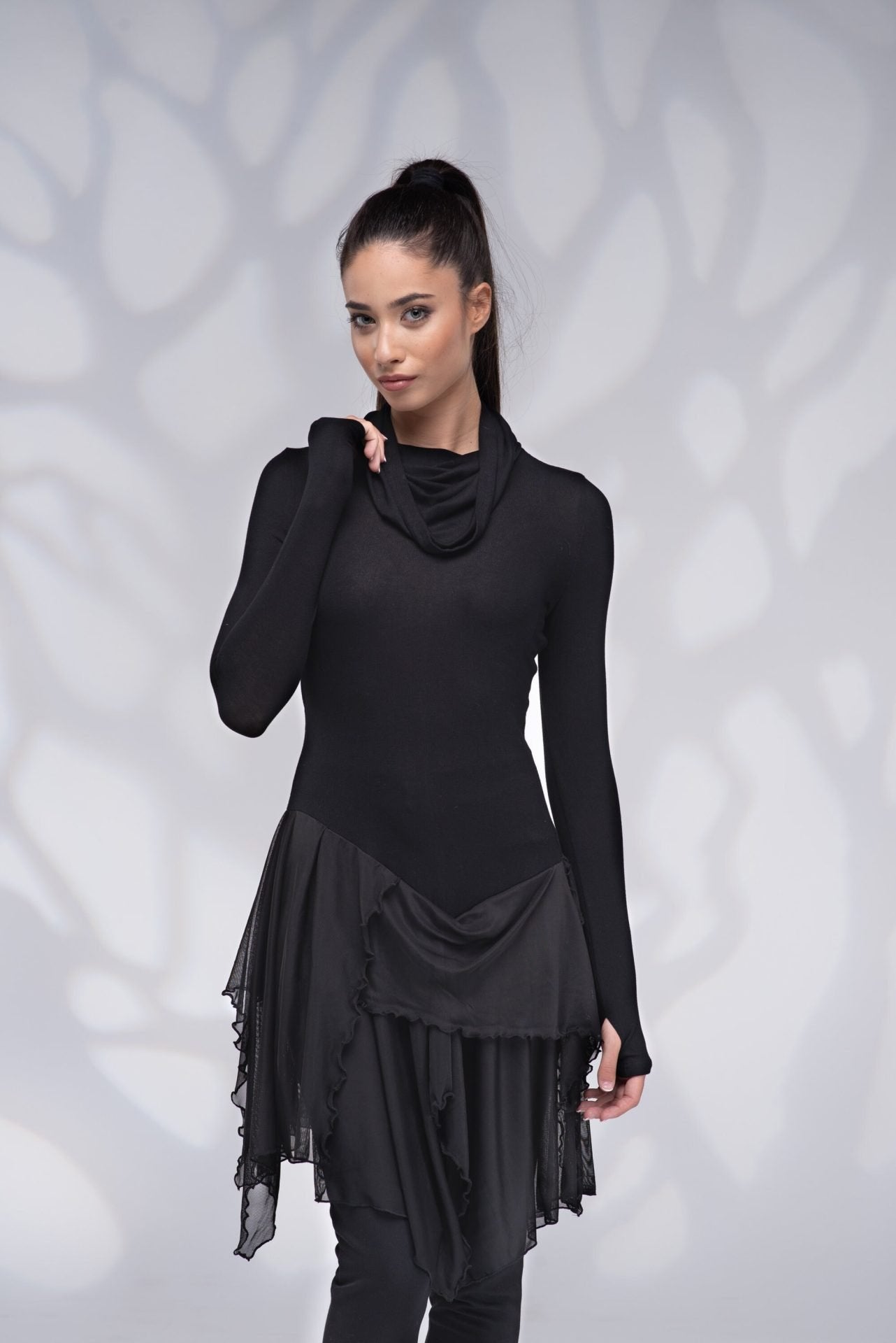 Long Black Draped Asymmetrical Turtleneck Tunic Top with Thumb Hole Sleeves