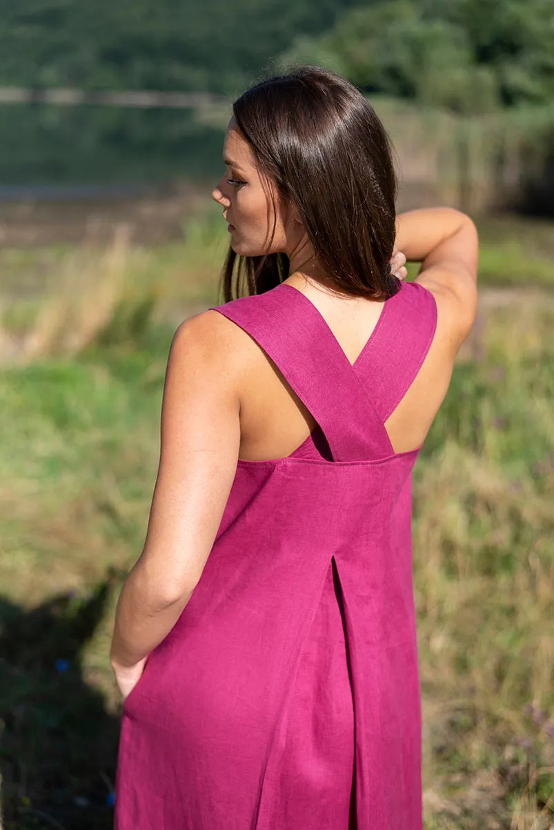 Maxi Linen Pinafore Dress with Square Neck and Cross Back