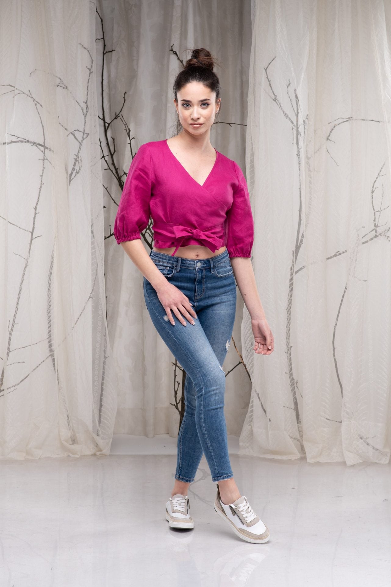 Linen Wrap Top with Short Puff Sleeves