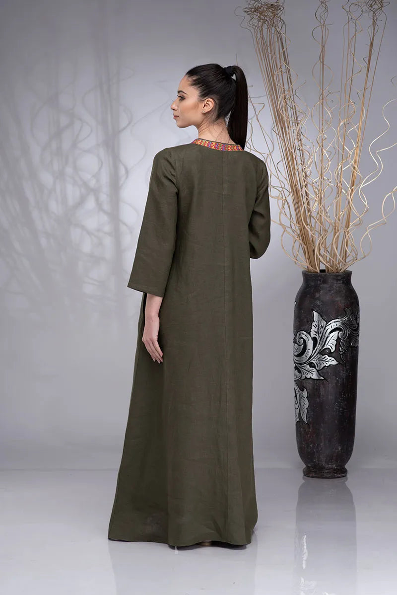 Boho Linen Kaftan Maxi Embroidered Abaya Dress