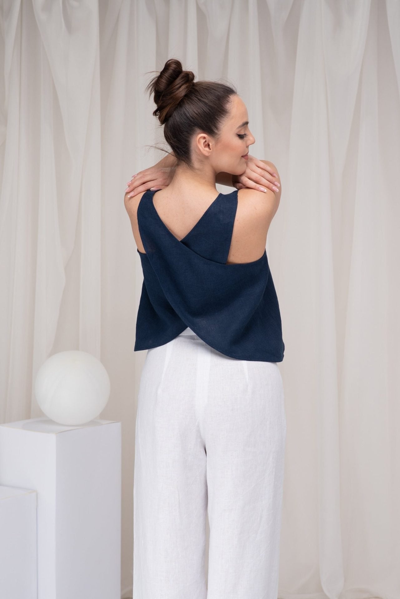 Linen Sleeveless Cross Back Crop Top