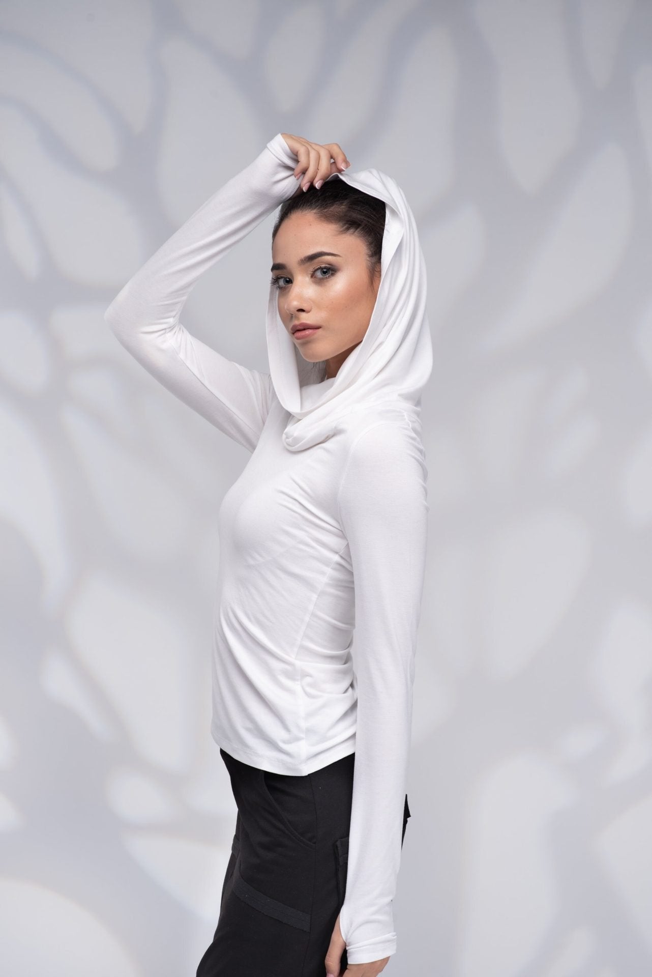 White Cowl Hood Fitted Top with Extra Long Thumb Hole Sleeves