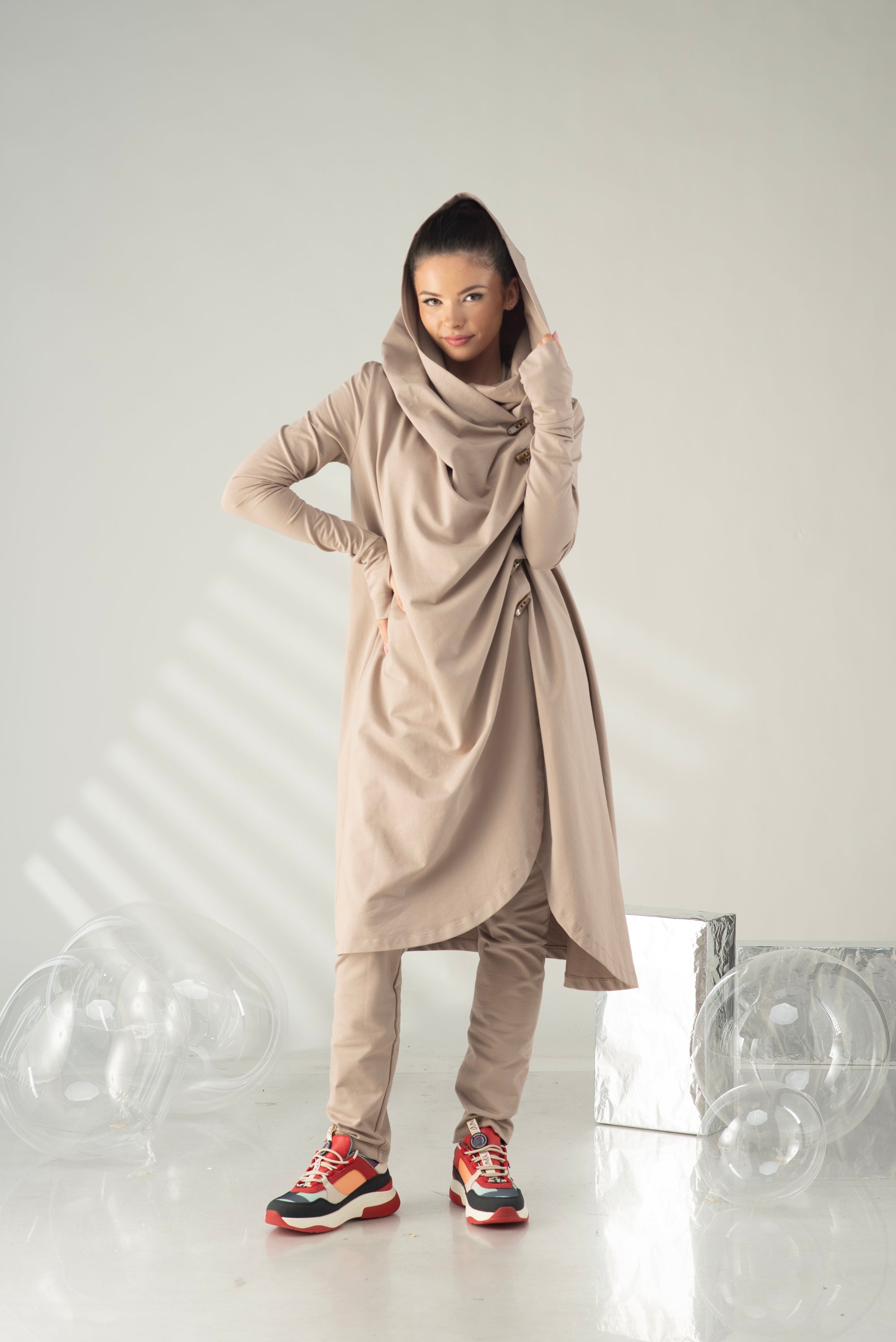 Beige Hooded Tunic Top – Draped Cowl Neck Sweatshirt