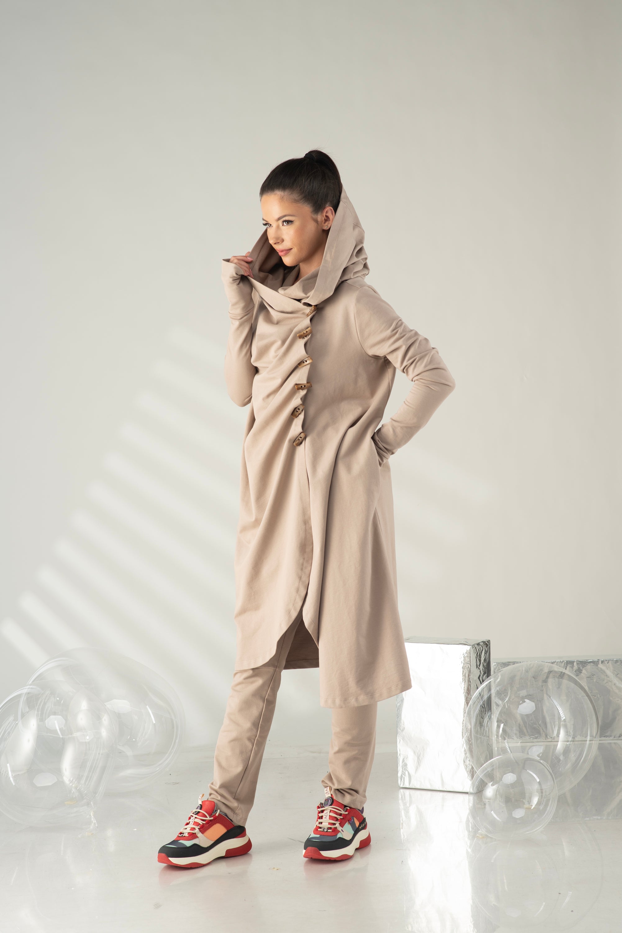 Beige Hooded Tunic Top – Draped Cowl Neck Sweatshirt