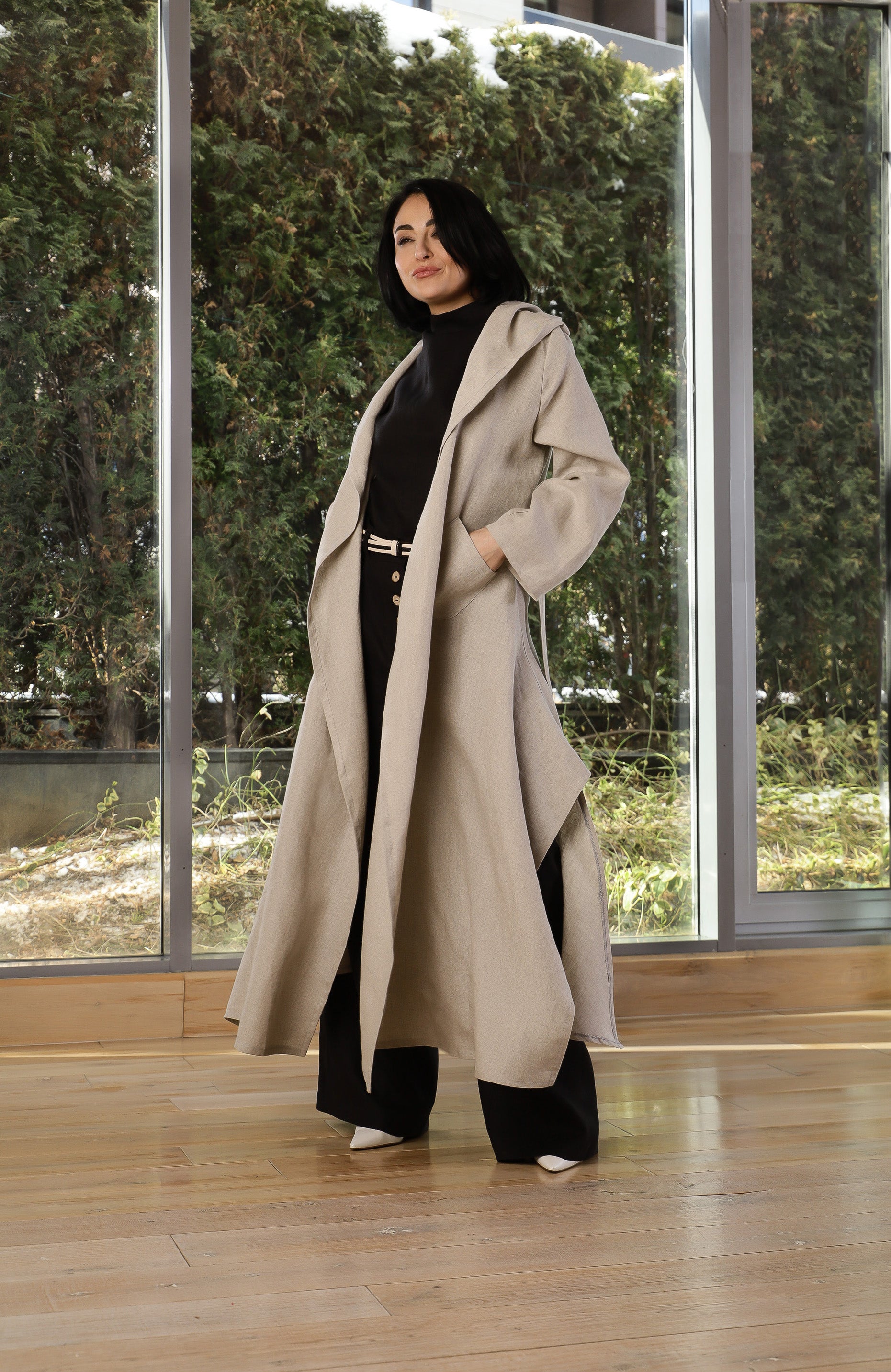 Beige Linen Hooded Coat for Women – Oversized Lightweight Linen Trench