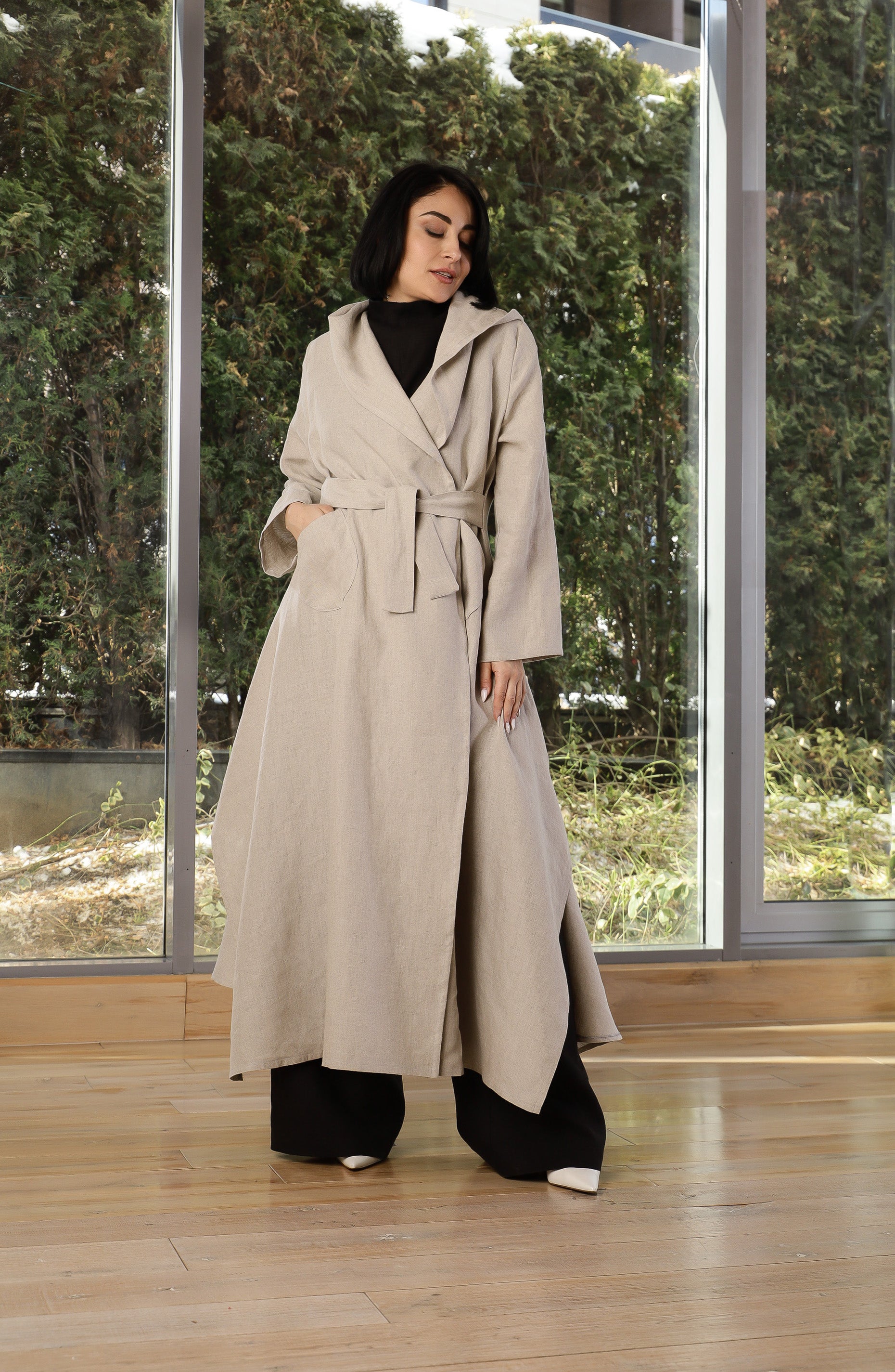 Beige Linen Hooded Coat for Women – Oversized Lightweight Linen Trench
