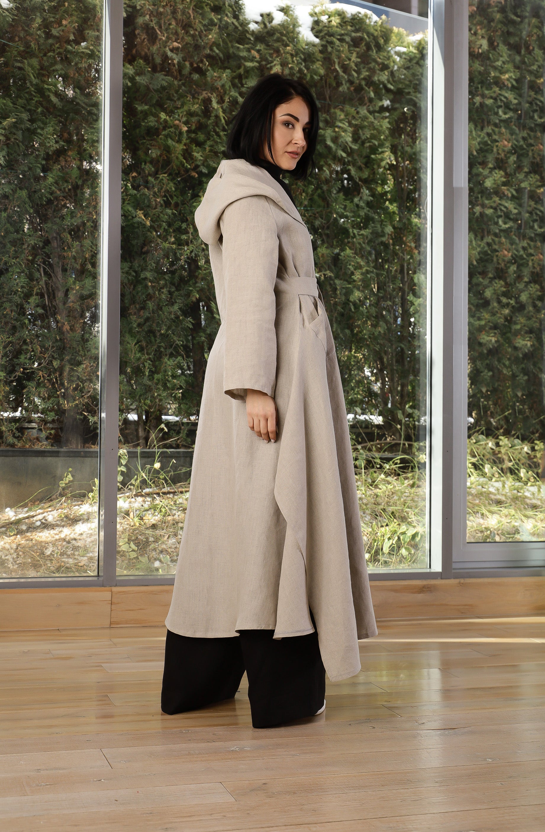 Beige Linen Hooded Coat for Women – Oversized Lightweight Linen Trench