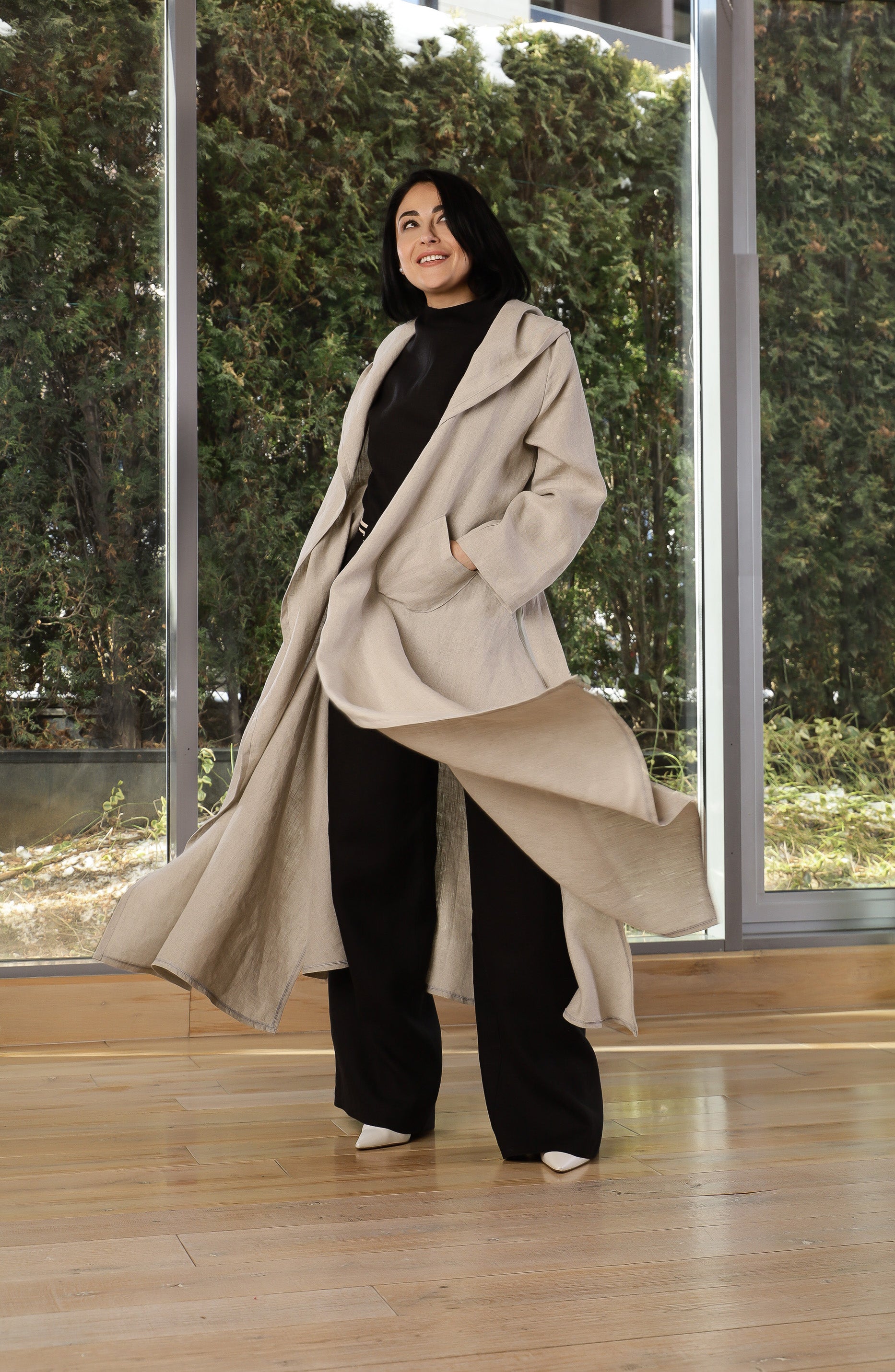 Beige Linen Hooded Coat for Women – Oversized Lightweight Linen Trench