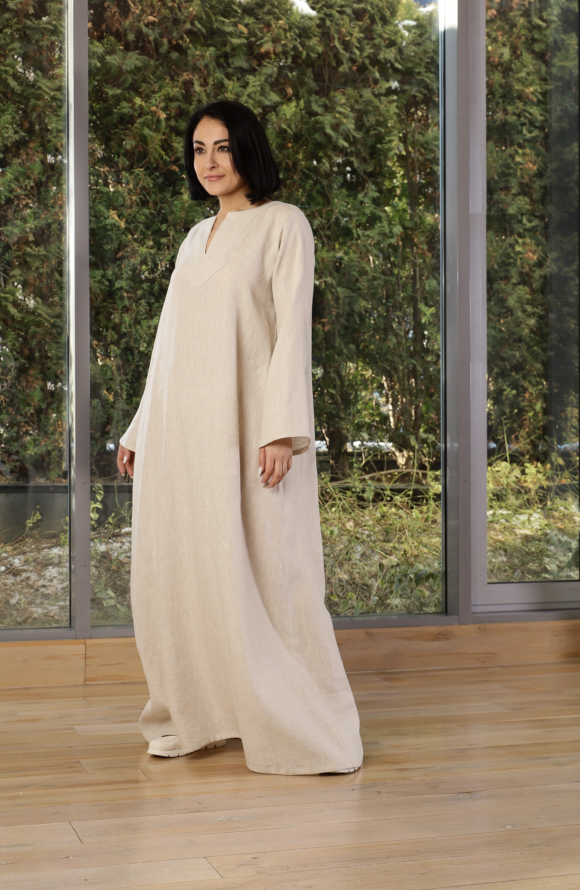 Beige Linen Kaftan Dress – Oversized Maxi Linen Dress for Women