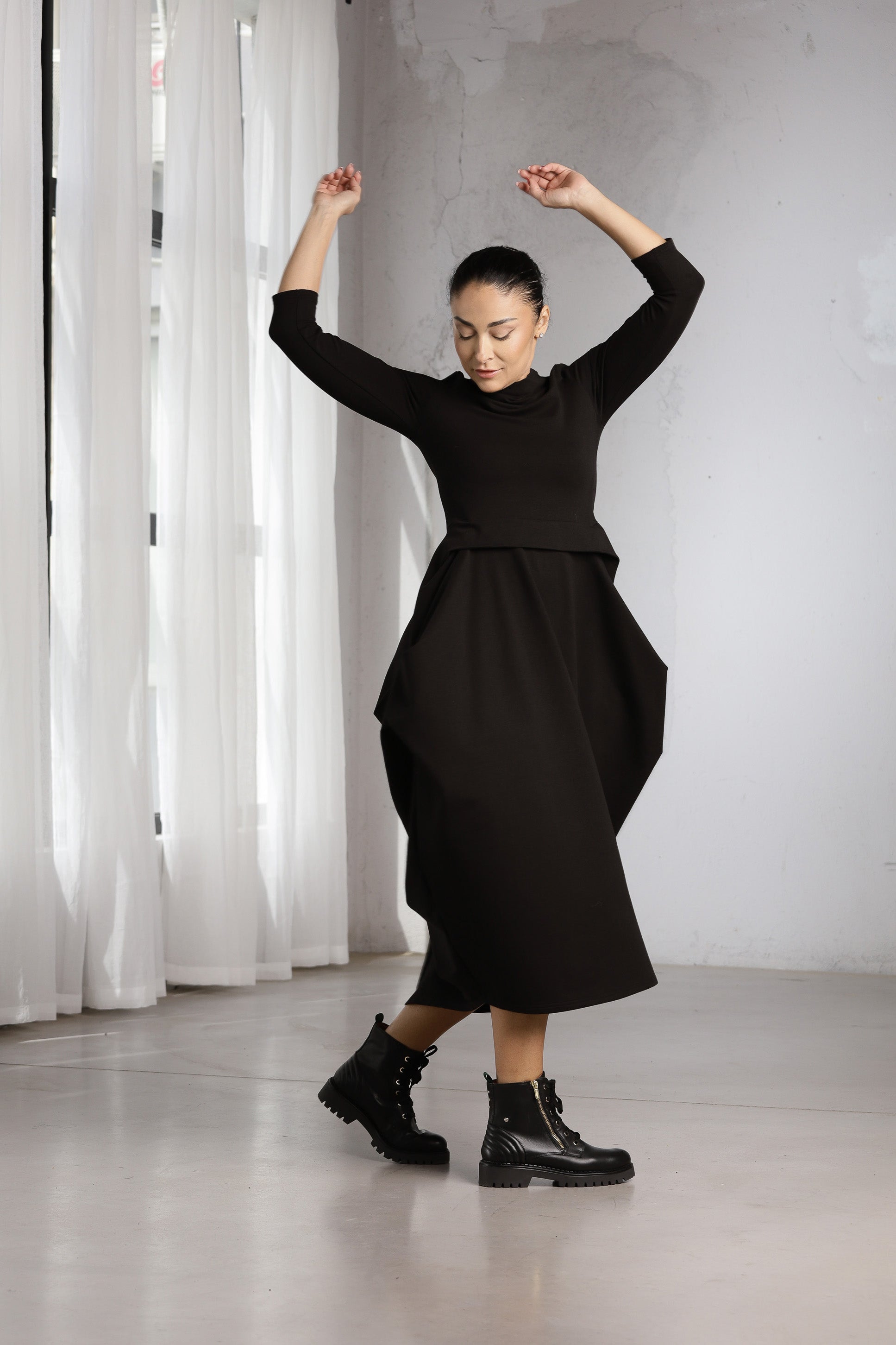 Black Avant-Garde Dress – Sculptural Oversized Midi Dress